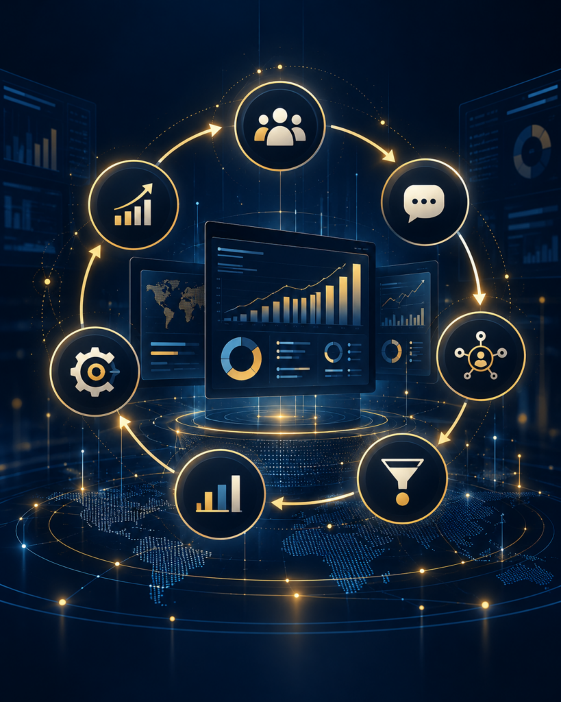 Digital marketing services strategy dashboard showing audience, market, and performance insights