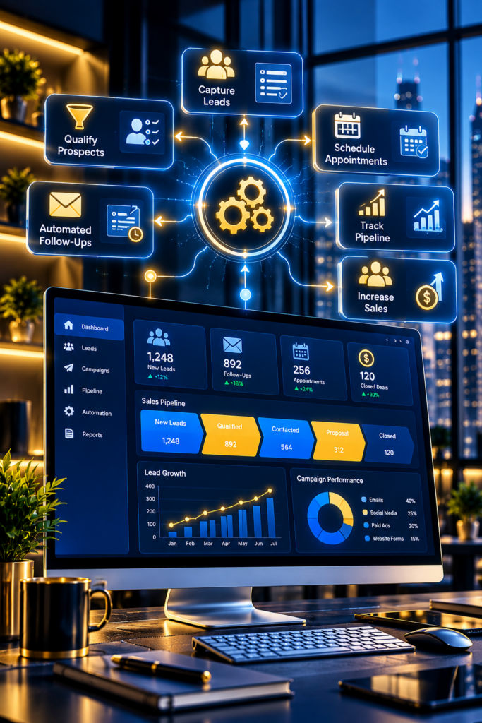 Marketing and sales automation dashboard for lead generation and CRM workflows