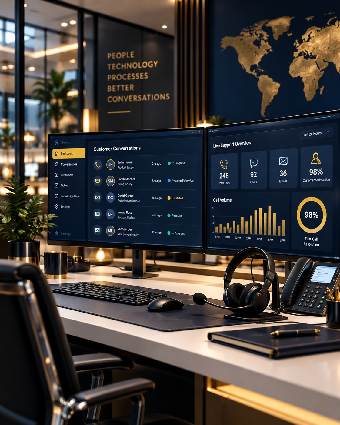 Call center outsourcing services workstation with customer support dashboard