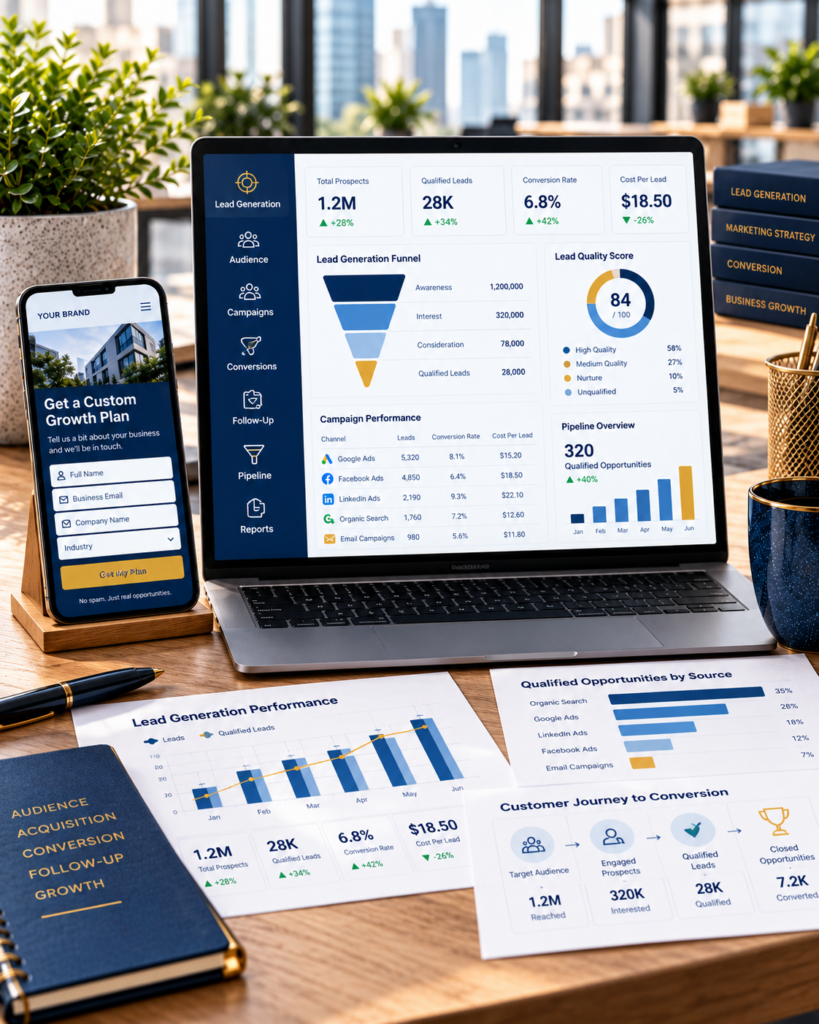 Lead generation services dashboard showing qualified leads, conversion performance, and pipeline growth